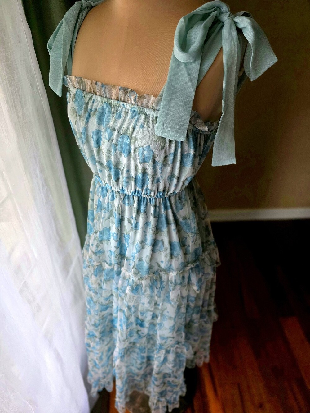 Blue Floral Tiered Maxi Dress Tie Shoulder Cottagecore Wedding Guest MINE Small - Picture 3 of 12